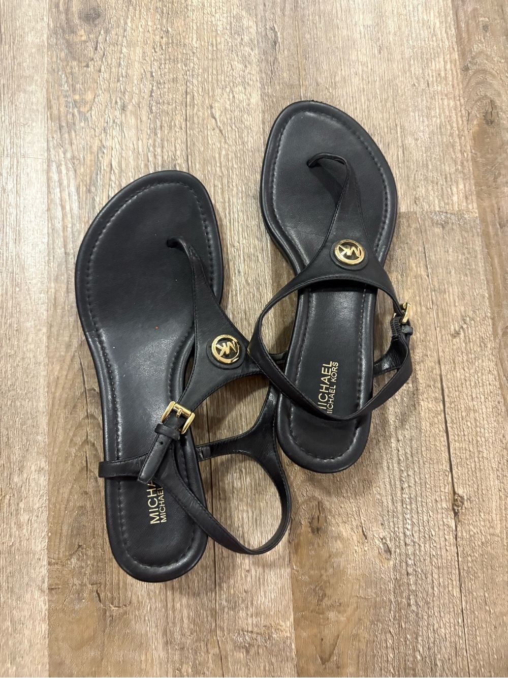 Michael Kors Black Leather Thong Sandals with Gold Logo